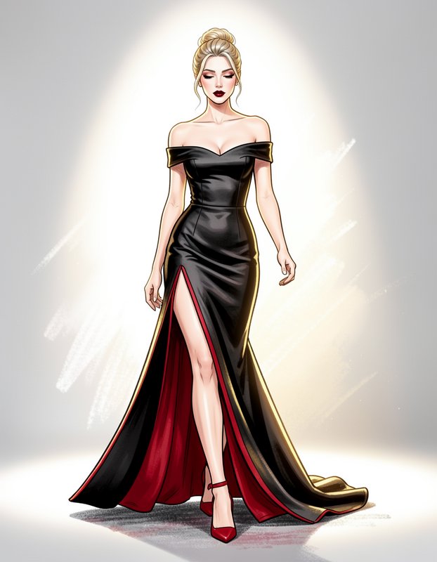 Elegant blonde model in a black off-shoulder evening gown walking under a warm studio spotlight