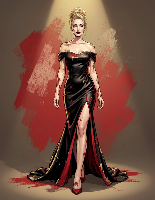 Elegant blonde woman in a splattered off-shoulder black evening gown stands under a stage spotlight