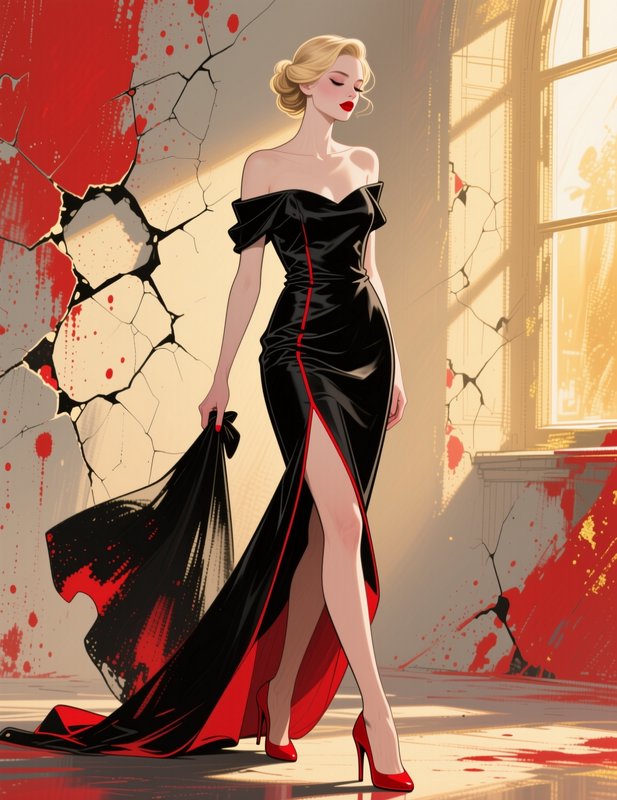 Elegant blonde woman in a black off-shoulder evening gown walks through a sunlit splattered cracked interior