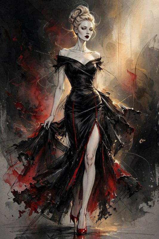 Elegant blonde woman in a dramatic black gown with red details poses against a moody abstract background
