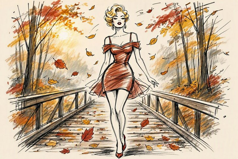 Glamorous retro woman in a rust dress walks across a wooden bridge as autumn leaves fall around her