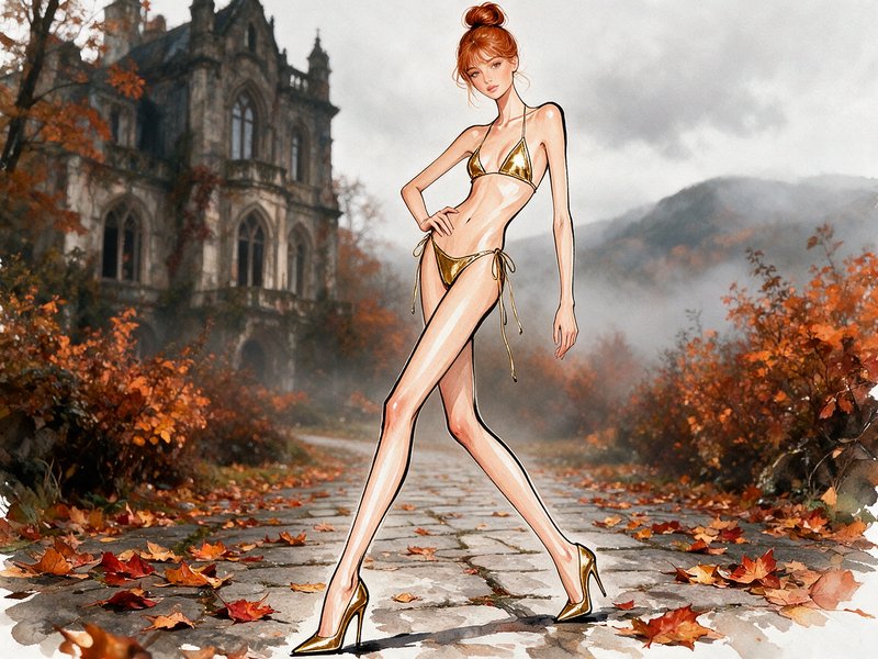 Stylized red-haired woman in a gold bikini and heels poses on a cobblestone path before a gothic manor