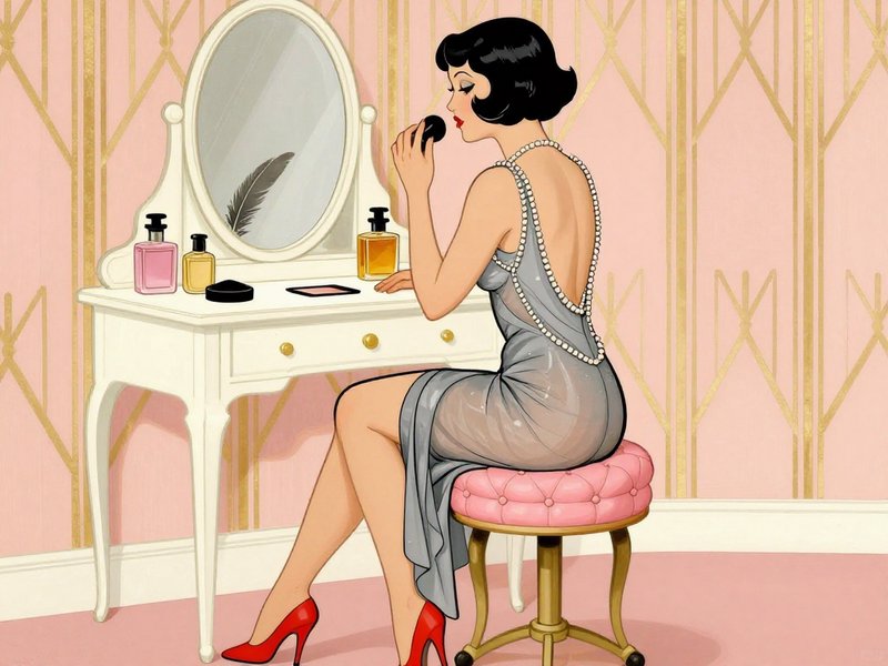 1920s flapper woman applying makeup while seated at a vintage art deco vanity table
