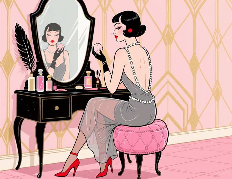 1920s flapper woman applying makeup at a vintage art deco vanity table