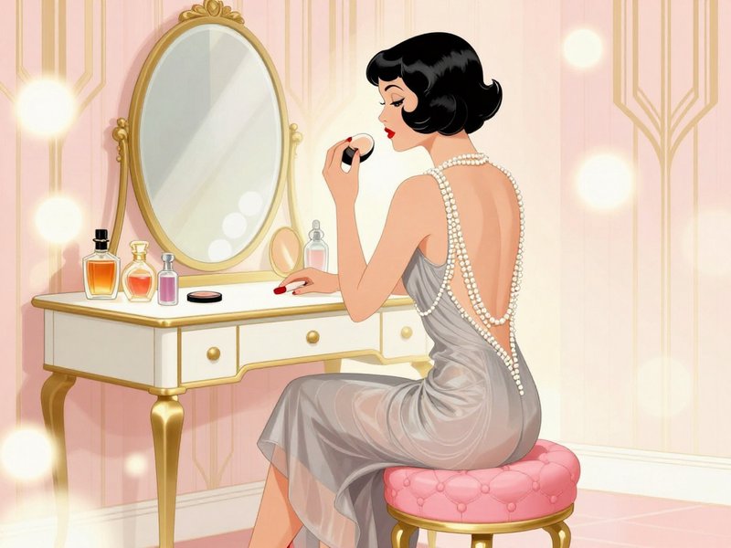 1920s flapper woman applying makeup at an ornate gilded art deco vanity table