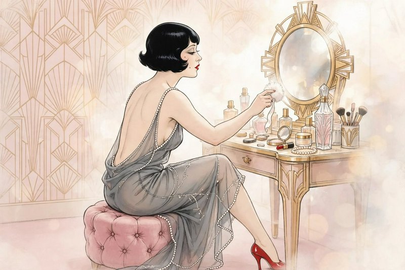1920s flapper uses a powder puff while seated at an ornate art deco vanity table