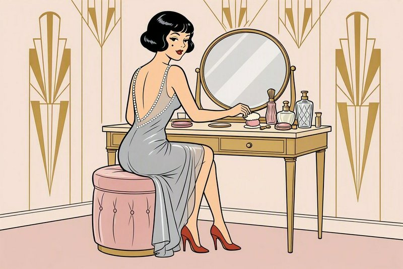 1920s art deco flapper woman applying makeup at her vintage bedroom vanity