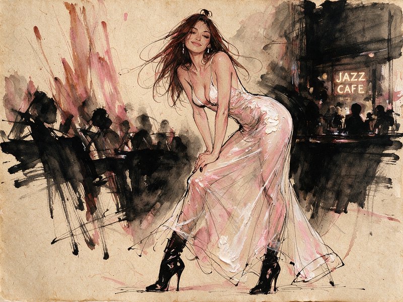 Stylized ink sketch of a woman in a sheer gown posing outside a glowing nighttime jazz cafe