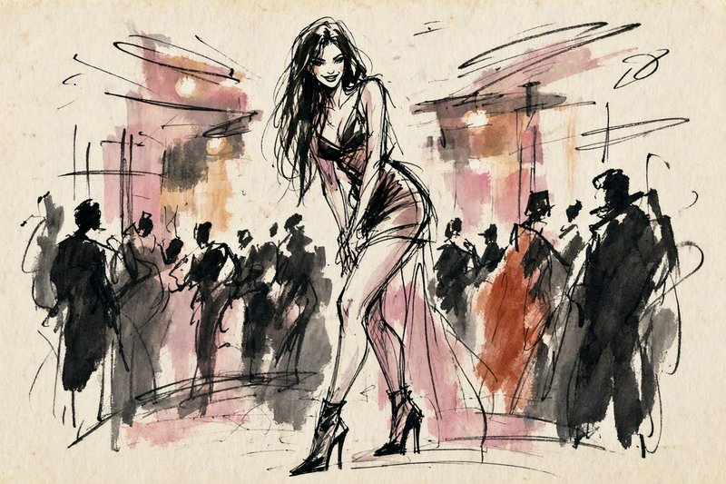 Smiling long-haired runway model posing at the center of a crowded fashion show illustration