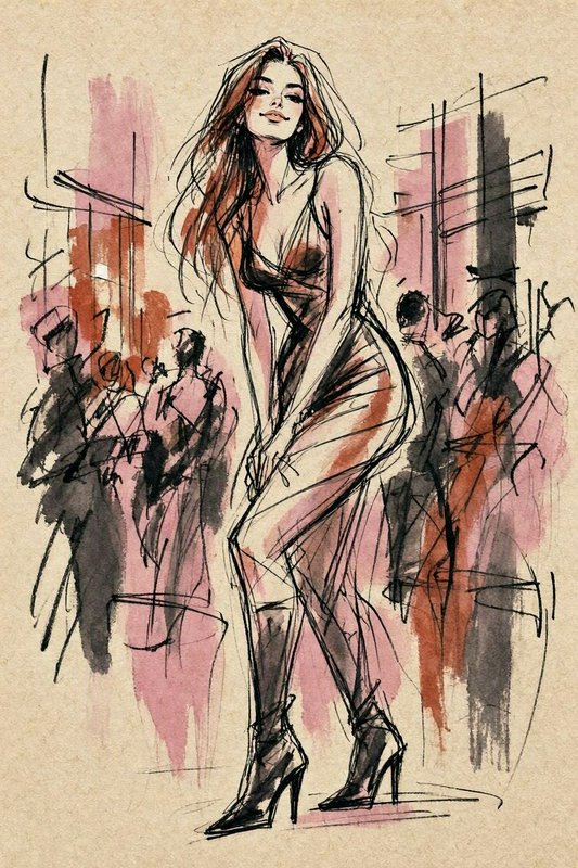 Expressive fashion sketch of a poised model in a slip dress and stiletto boots standing before a city crowd