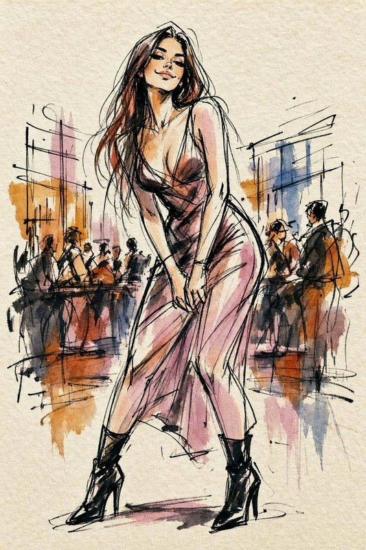 Fashion illustration of a smiling woman in a pink slip dress posed at an outdoor city cafe