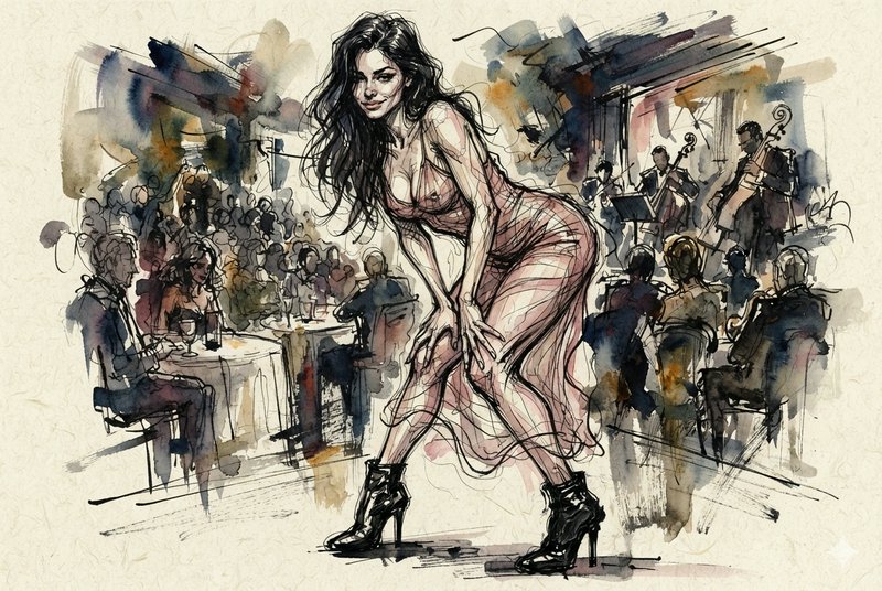 Expressive ink and watercolor sketch of a woman posing in a busy cabaret with a live orchestra