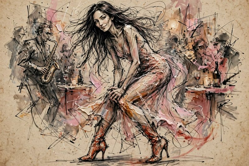 Expressive gestural sketch of a dancing woman in a vintage jazz club with a saxophonist playing nearby