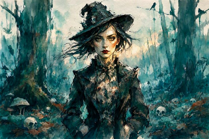 Gothic witch in a tattered pointed hat stands in a misty haunted forest dotted with skulls and perching ravens
