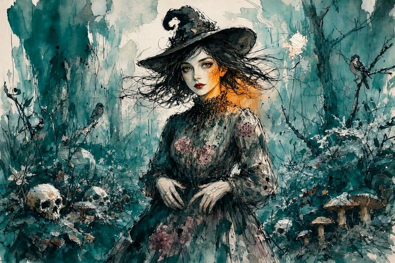 Watercolor illustration of a forest witch in a pointed hat standing in a misty enchanted woodland