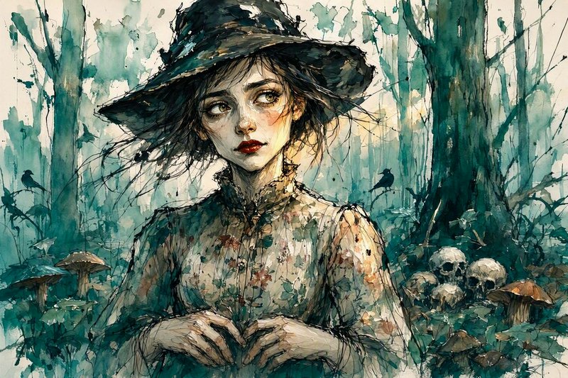 Watercolor portrait of a pensive young hedge witch standing in a misty overgrown forest