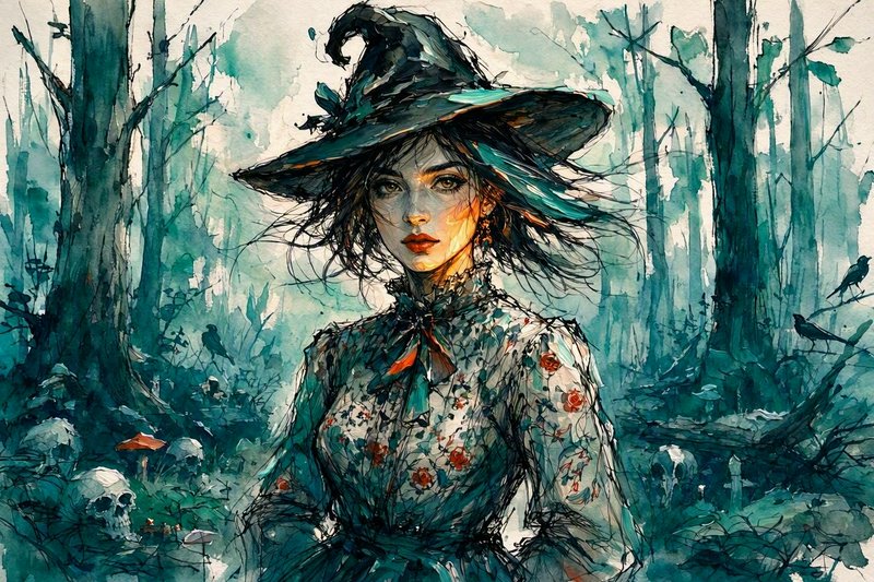 Watercolor portrait of a young witch in a pointed hat standing in a misty spooky forest