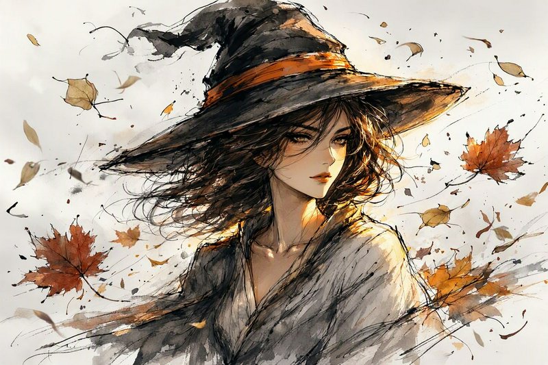 Expressive ink watercolor portrait of a young autumn witch surrounded by swirling falling maple leaves