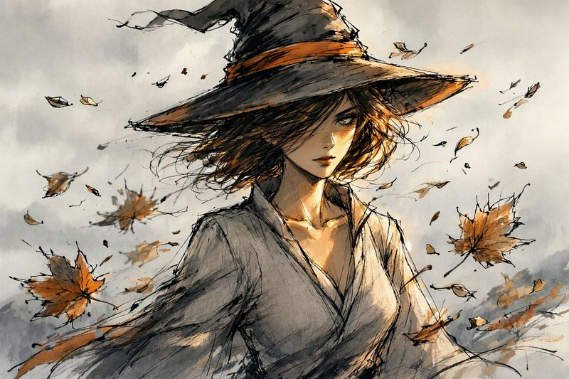 Solemn young witch in a wide brimmed hat surrounded by swirling autumn maple leaves in wind