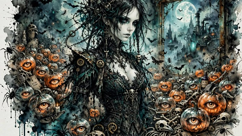 Gothic steampunk woman stands amid eerie eye-bearing Halloween pumpkins and a misty full moon haunted backdrop