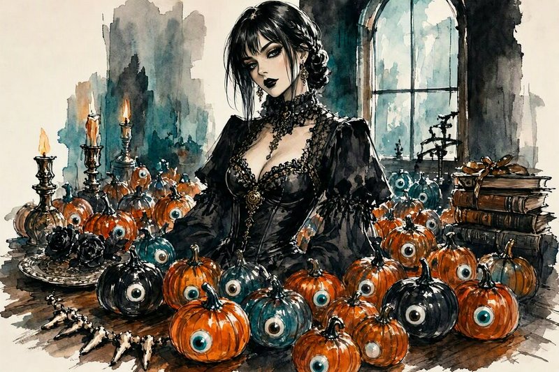 Gothic woman in an ornate black lace gown sits surrounded by spooky eyeball pumpkins in a castle interior