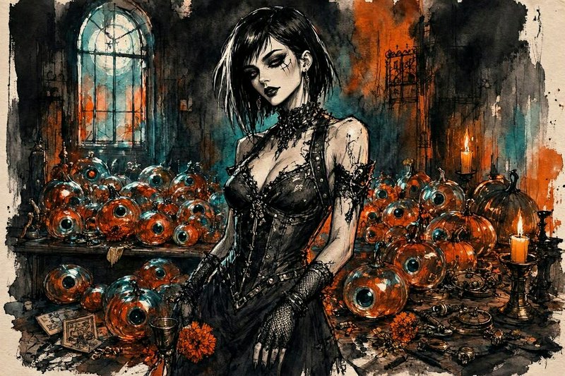 Gothic woman in a black corset stands surrounded by eerie glass pumpkins with eyeballs in a candlelit haunted room