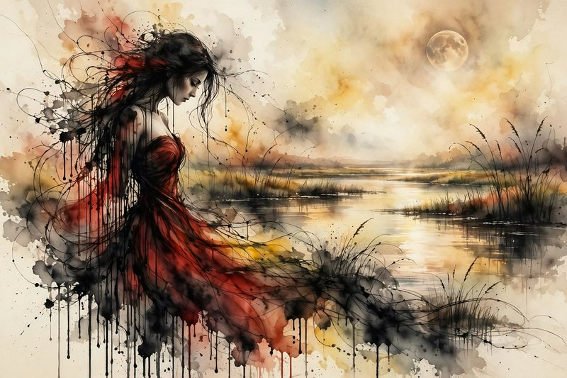 Pensive woman in a flowing red gown stands beside a moonlit marsh in expressive ink watercolor style