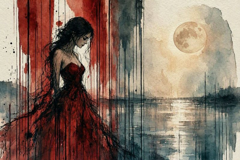 Pensive dark-haired woman in a crimson gown stands by still moonlit water in a moody ink watercolor style