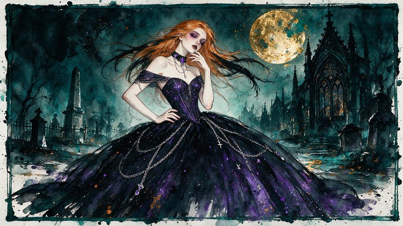 Red-haired gothic woman in an ornate purple ballgown stands in a misty moonlit graveyard.