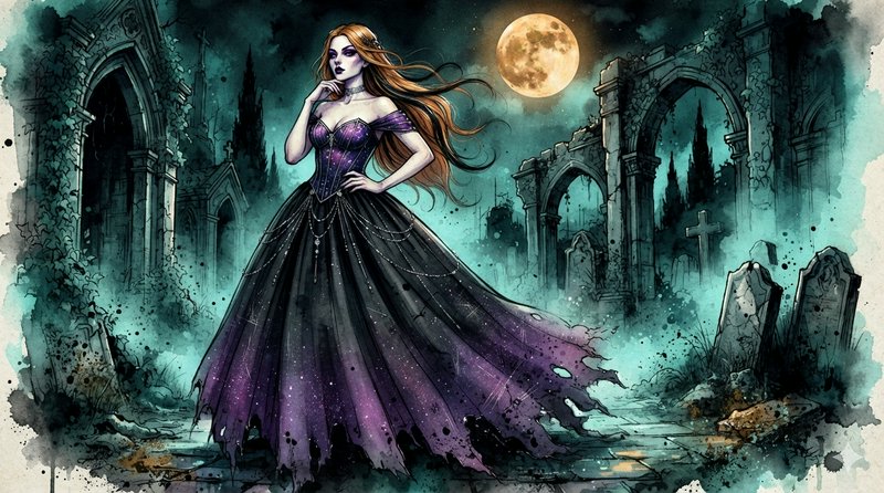 Gothic woman in a tattered purple gown stands in a misty ruined graveyard beneath a glowing full moon