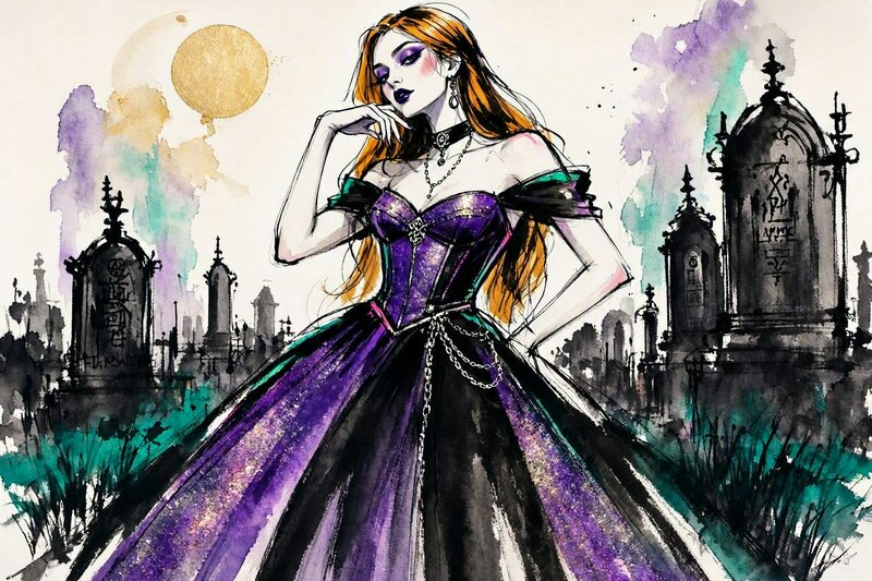 Gothic woman in a glittering purple ballgown stands in a moonlit watercolor graveyard