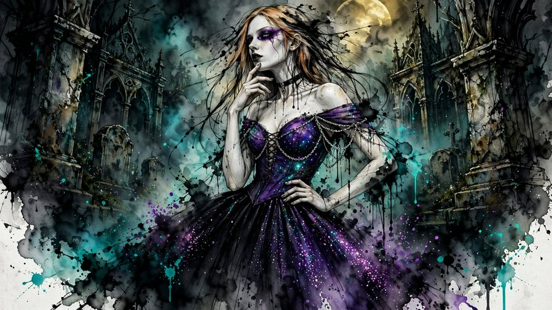 Pale gothic woman in a sparkly purple gown stands in a misty moonlit graveyard flanked by old stone mausoleums