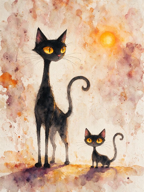 Tall slender black cat and tiny matching black kitten stand side by side against a warm watercolor sunset