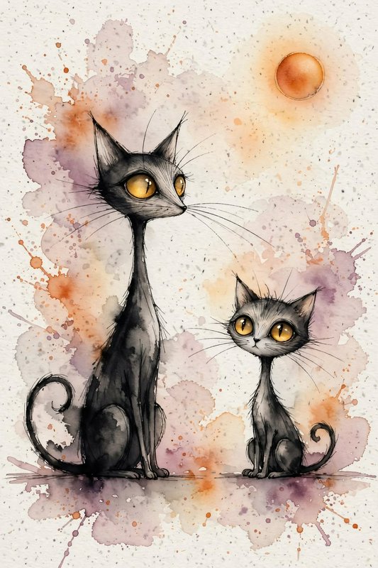 Whimsical watercolor illustration of two slender grey cats with large golden eyes sitting side by side