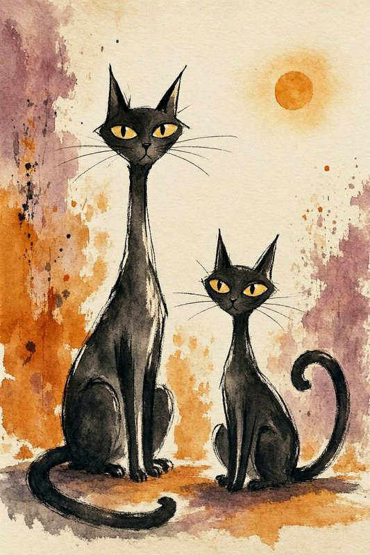 Two stylized long-necked black cats with golden eyes sitting side by side in a watercolor illustration