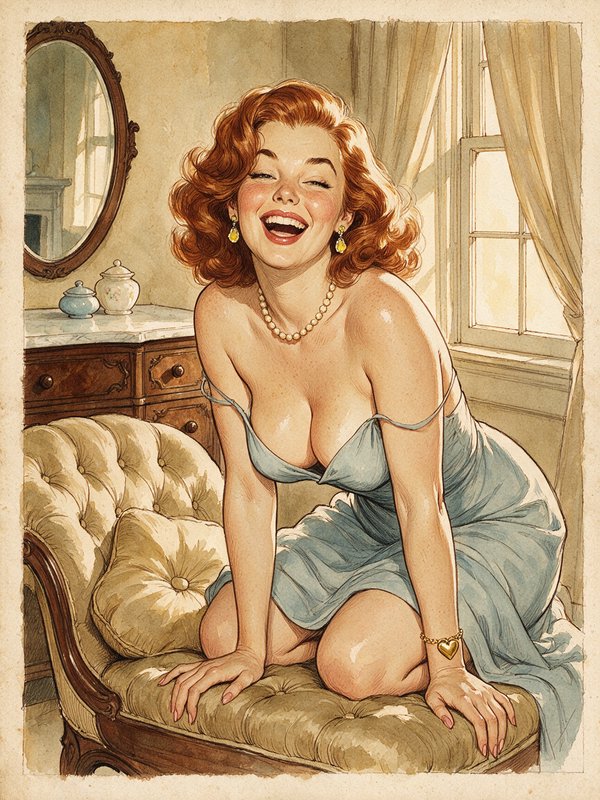 Laughing vintage redhead pinup woman kneeling on a tufted chaise in a sunlit bedroom
