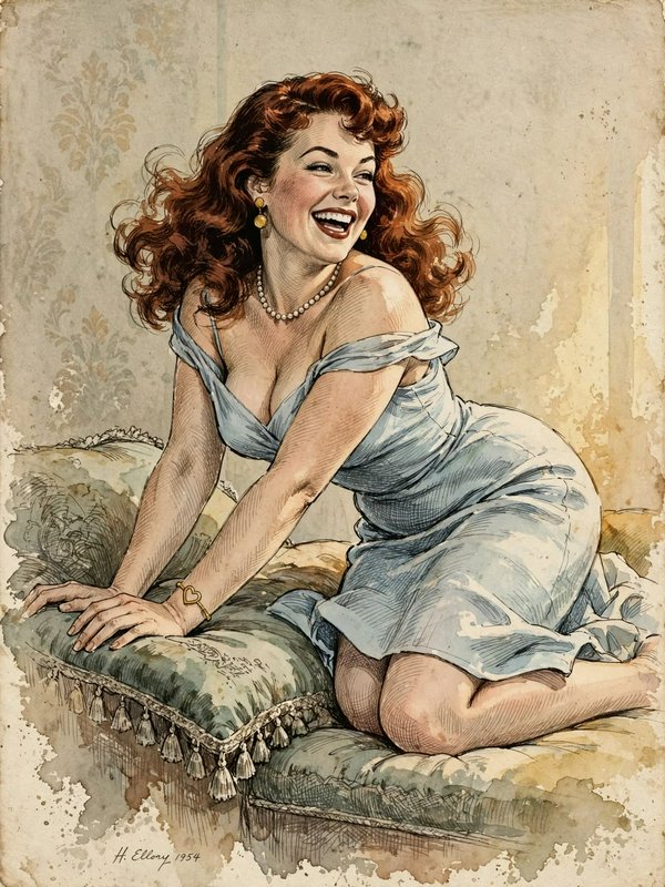 Laughing curly redhead vintage pinup woman kneeling on tasseled cushions in a pale blue slip dress