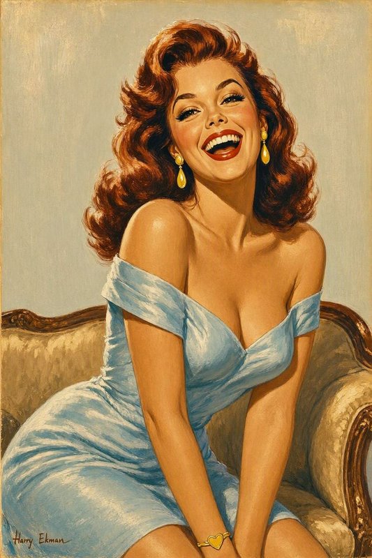 Laughing vintage redhead pinup woman in a light blue satin dress seated on an upholstered couch