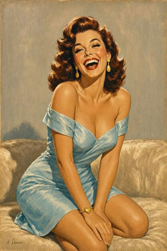Laughing vintage pin-up woman in a light blue satin dress seated on a plush couch