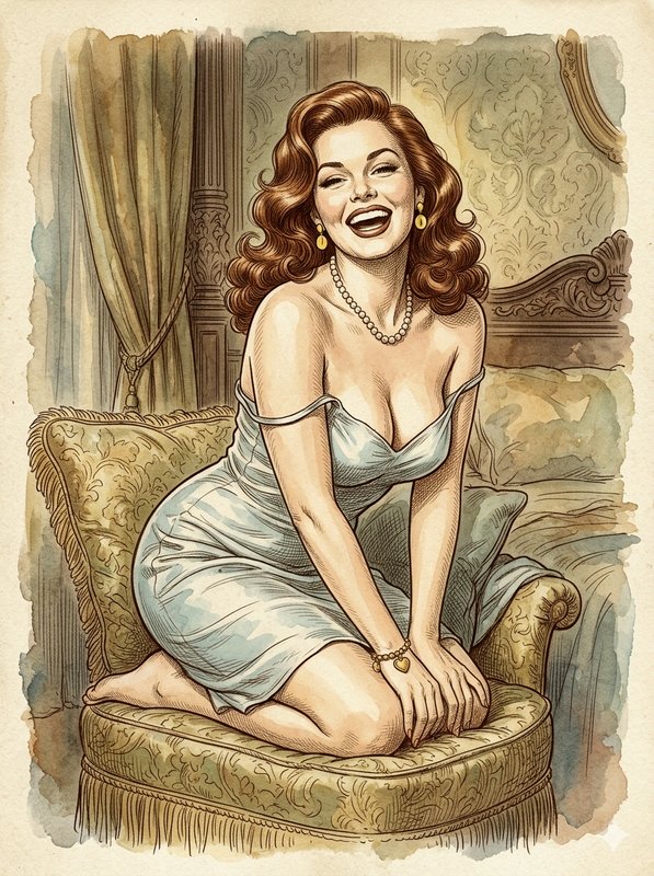 Laughing vintage pinup woman kneels on an ornate fringed armchair in a retro styled bedroom