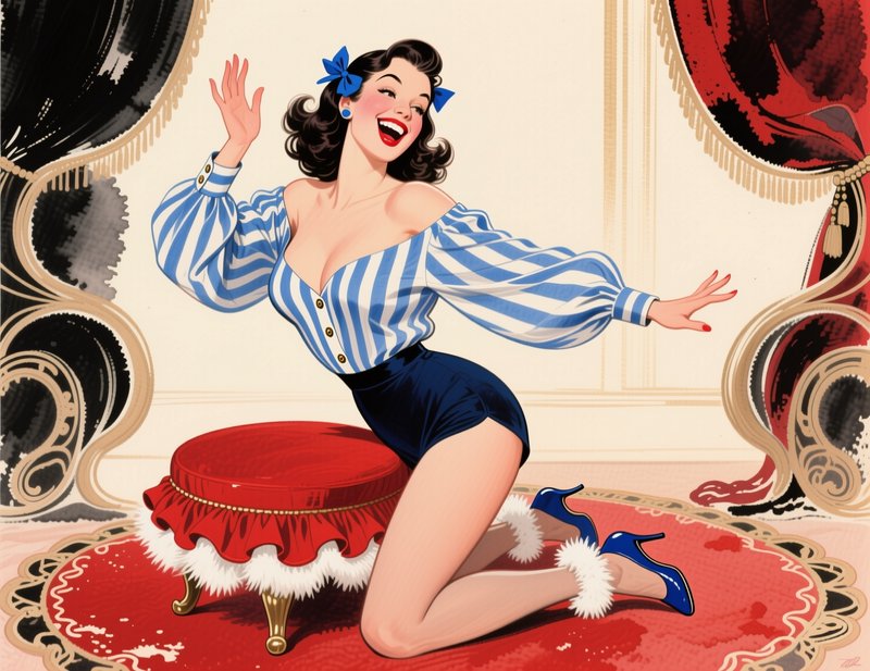 Laughing retro pinup woman kneels playfully beside a red ottoman in an ornate vintage interior