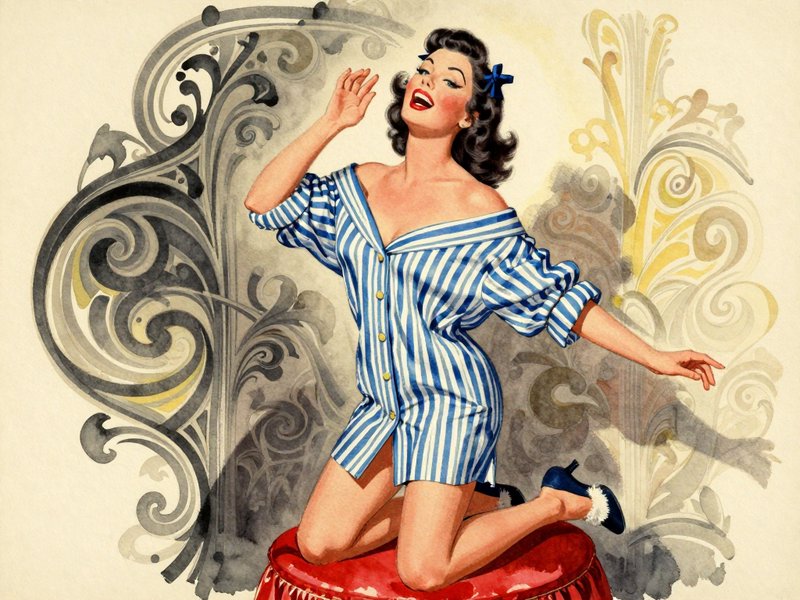 Retro pinup girl yawning while kneeling on a red plush stool against an ornate scroll backdrop