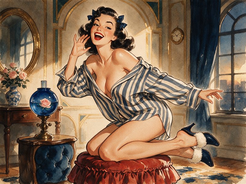 Playful laughing vintage pinup woman kneels on a red cushioned stool in a sunlit ornate bedroom