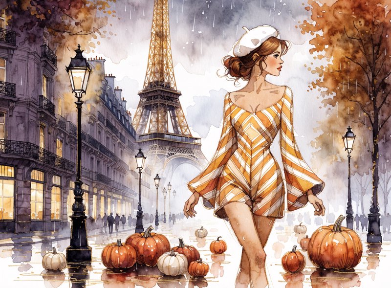 Chic woman walks rainy autumn Paris street lined with pumpkins, Eiffel Tower in the background