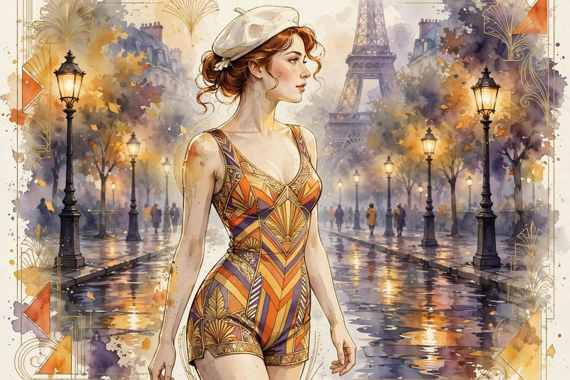 Red-haired woman in art deco fashion walks a rainy Paris street with Eiffel Tower in the background