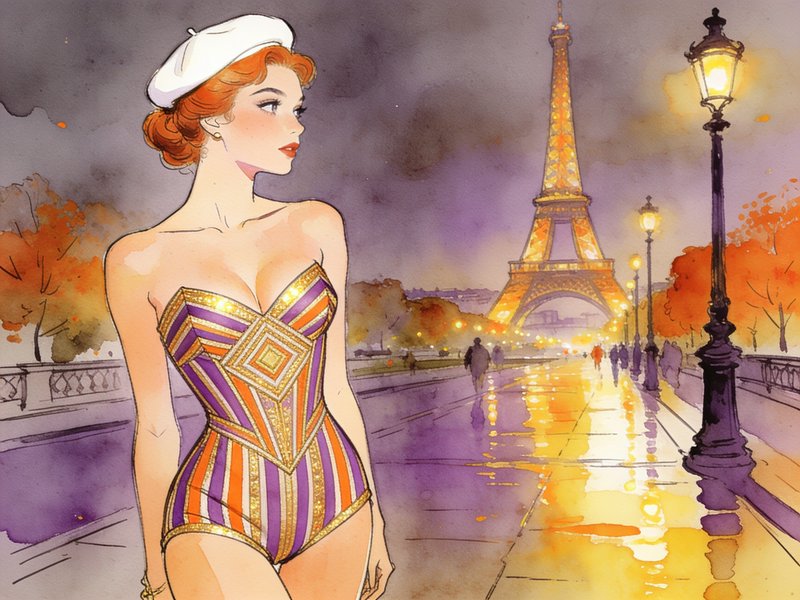 Red haired woman in a striped vintage swimsuit stands on a rainy Paris walkway with the lit Eiffel Tower in the background