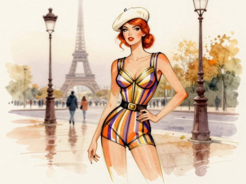 Chic red-haired woman in a beret poses on a wet Paris sidewalk with the Eiffel Tower in the background