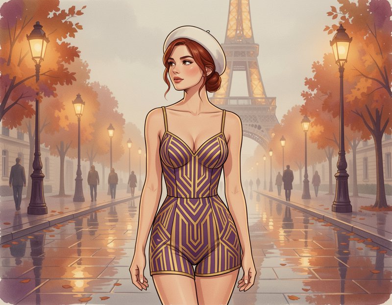 Stylish woman in a white beret stands on a misty autumn Paris sidewalk with the Eiffel Tower behind her