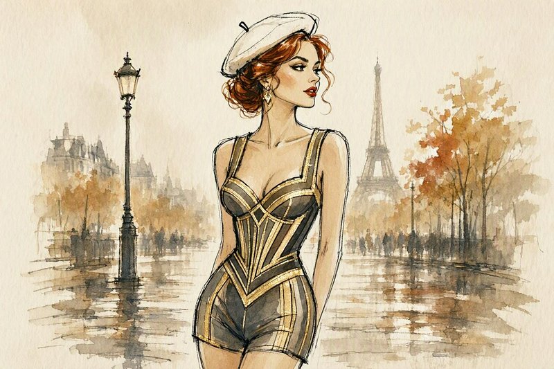 Glamorous woman in a beret stands on a misty Paris promenade with the Eiffel Tower in the background