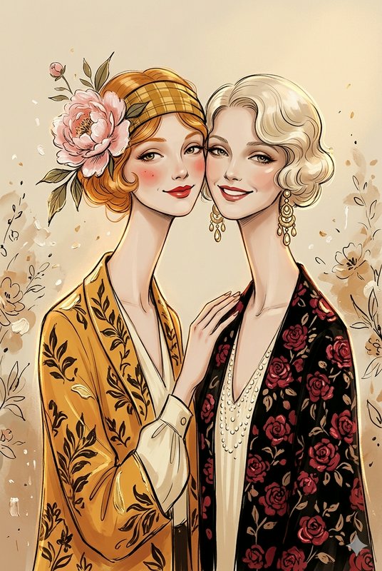 Two smiling 1920s flapper women pose closely together against a soft warm floral background